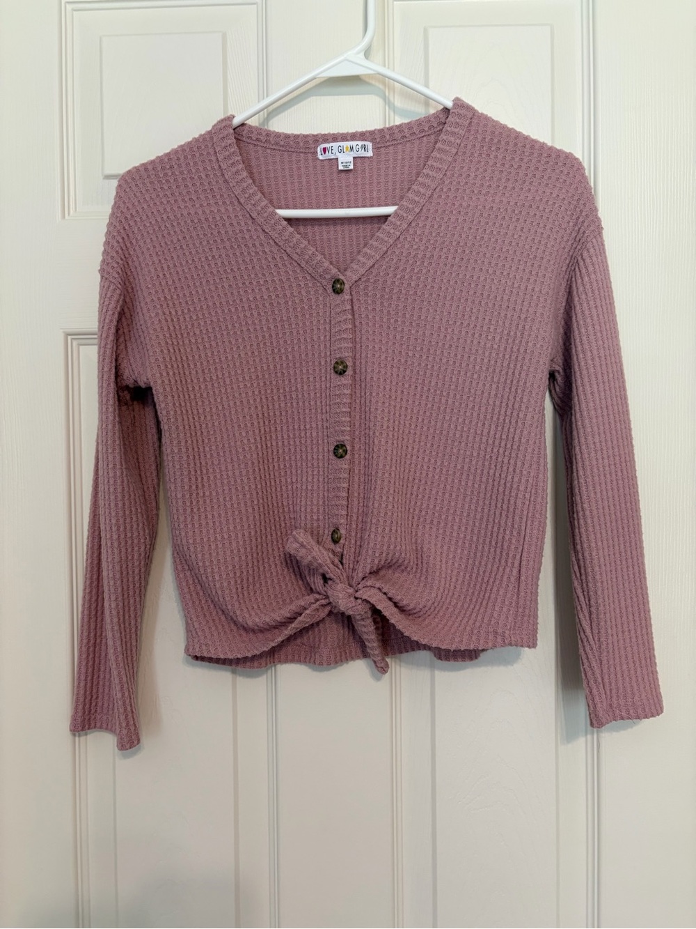 Love, Glam Girl pink waffle knit tie front sweater - Size M (10-12)